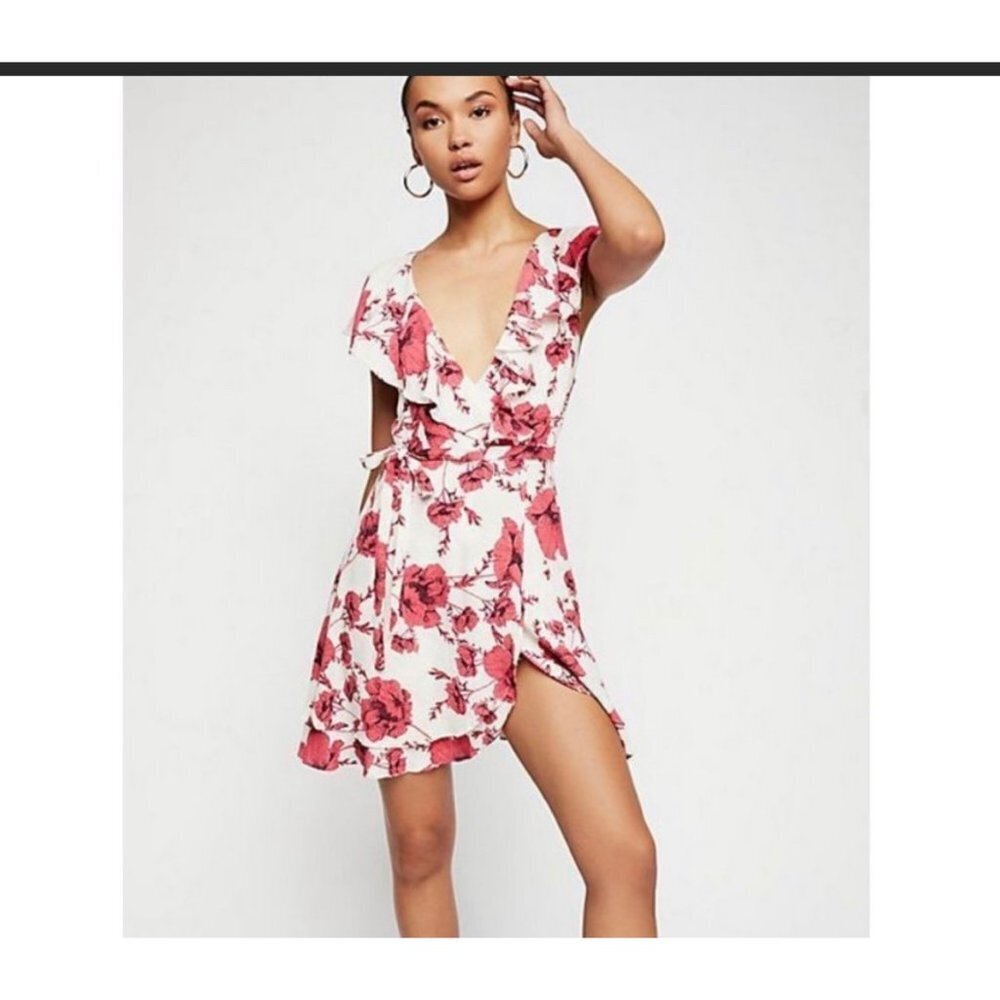 Free People French Quarter Floral‎ Printed Mini Wrap Dress White Pink Size Med